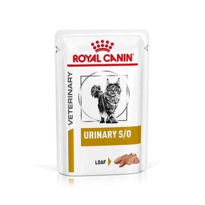 Royal Canin Veterinary Urinary S/O Loaf. Förpackning med kattbild och guldfärgat textfält.