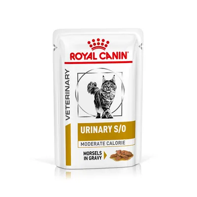 Pouch labelled urinary S/O, moderate calorie, morsels in gravy, veterinary. Image shows a cat and food pieces in gravy.