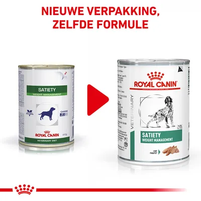 Royal Canin Satiety Weight Management hondenvoer: oude en nieuwe verpakking naast elkaar. Tekst bovenaan: 'Nieuwe verpakking, zelfde formule'.