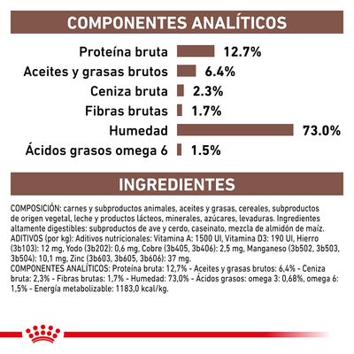 Componentes analíticos: proteína bruta 12,7 %, aceites y grasas brutos 6,4 %, ceniza bruta 2,3 %, fibras brutas 1,7 %, humedad 73 %, ácidos grasos omega 6 1,5 %. Ingredientes detallados visibles.