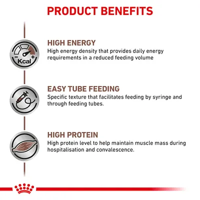 Text på engelska: Product Benefits. High Energy, Easy Tube Feeding, High Protein med beskrivningar om energitäthet, sondmatning och högt proteininnehåll.