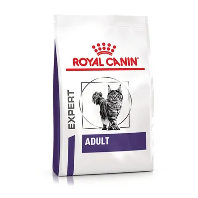 Royal Canin EXPERT ADULT -kissanruokapakkaus, etupuolella seisovan kissan kuva ja tuotetekstit näkyvissä.
