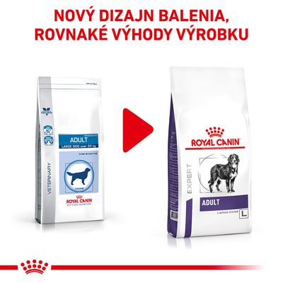 Porovnanie starého a nového balenia krmiva Royal Canin Adult Large Dog s textom: Nový dizajn balenia, rovnaké výhody výrobku.