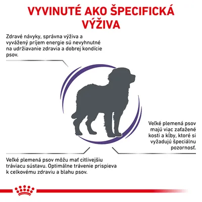 Vyvinuté ako špecifická výživa. Zdravé návyky, správna výživa a vyvážený príjem energie sú nevyhnutné na udržiavanie zdravia psov. Veľké plemená psov potrebujú špeciálnu starostlivosť.