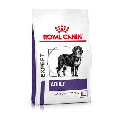 Royal Canin Expert Adult Large Dogs L, image of a large black and white dog on the front of the packaging. Visible text: EXPERT, ADULT, LARGE DOGS, L.