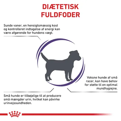 DIÆTETISK FULDFODER. Sunde vaner, hensigtsmæssig kost og kontrolleret energiindtagelse kan være afgørende for hundens vægt. Små hunde producerer lidt urin, voksne små racer har behov for mundhygiejne.