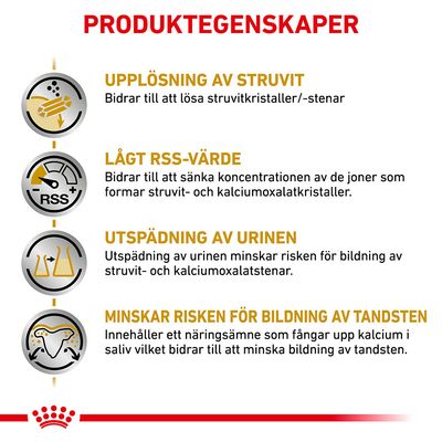 PRODUKTEGENSKAPER: Upplösning av struvit, lågt RSS-värde, utspädning av urinen, minskar risken för bildning av tandsten. Förklarande text till varje egenskap synlig.