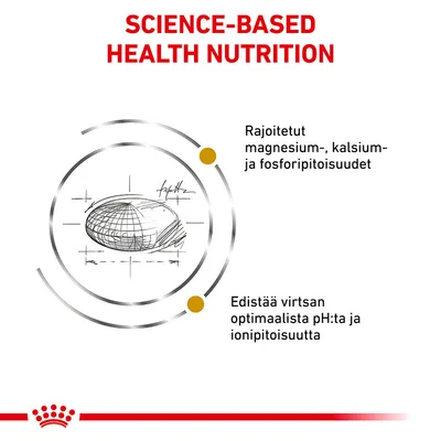 Science-Based Health Nutrition. Rajoitetut magnesium-, kalsium- ja fosforipitoisuudet. Edistää virtsan optimaalista pH:ta ja ionipitoisuutta. Piirros nappulasta.