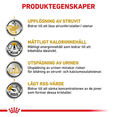 PRODUKTEGENSKAPER: Upplösning av struvit, måttligt kaloriinnehåll, utspädning av urinen, lågt RSS-värde. Beskrivningar om stöd för urinvägar och viktkontroll ingår.