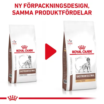 Ny förpackningsdesign för Royal Canin Gastrointestinal High Fibre hundfoder visas bredvid den gamla, med texten: NY FÖRPACKNINGSDESIGN, SAMMA PRODUKTFÖRDELAR.