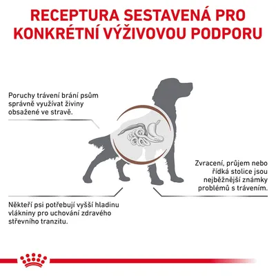 Receptura sestavená pro konkrétní výživovou podporu. Poruchy trávení brání psům správně využívat živiny. Zvracení, průjem nebo řídká stolice jsou známky problémů s trávením.