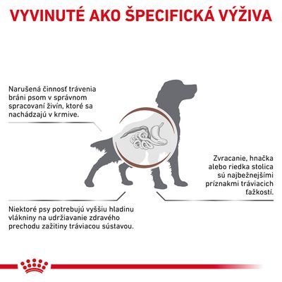 Vyvinuté ako špecifická výživa. Narušená činnosť trávenia bráni psom v spracovaní živín. Zvracanie, hnačka alebo riedka stolica sú príznaky tráviacich ťažkostí. Vyššia hladina vlákniny pomáha.