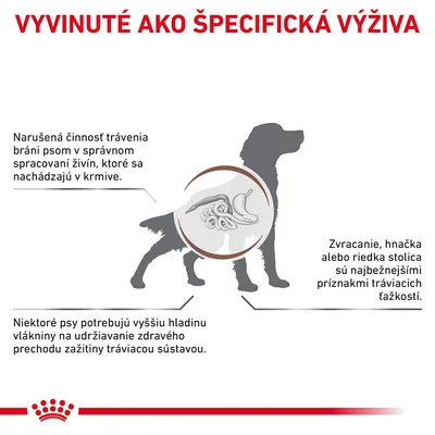 Vyvinuté ako špecifická výživa. Narušená činnosť trávenia bráni psom v spracovaní živín. Zvracanie, hnačka alebo riedka stolica sú príznaky tráviacich ťažkostí. Vyššia hladina vlákniny pomáha.