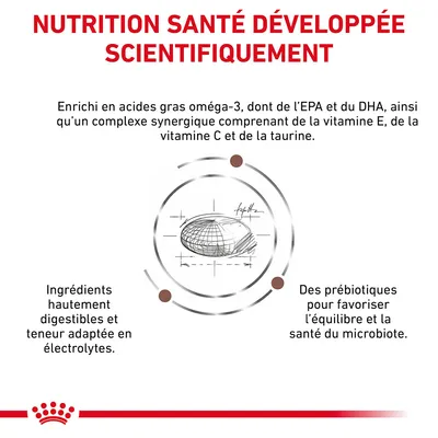 Nutrition santé développée scientifiquement, enrichie en oméga-3 EPA/DHA, vitamine E, C, taurine. Ingrédients hautement digestibles, électrolytes adaptés, prébiotiques pour le microbiote.