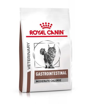 Opakowanie Royal Canin Veterinary Gastrointestinal Moderate Calorie z wizerunkiem kota. Widoczne napisy: GASTROINTESTINAL, MODERATE CALORIE, VETERINARY.