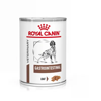 Konzerva Royal Canin Veterinary Gastrointestinal Loaf, obrázek psa a kousků krmiva, text GASTROINTESTINAL, LOAF, VETERINARY.