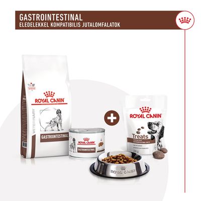 Royal Canin Gastrointestinal száraz táp, konzerv, jutalomfalat és etetőtál kutyáknak. Felirat: GASTROINTESTINAL eledelekkel kompatibilis jutalomfalatok.