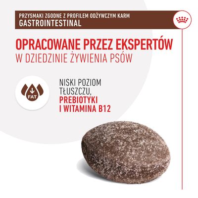 Opracowane przez ekspertów w dziedzinie żywienia psów. Niski poziom tłuszczu, prebiotyki i witamina B12. Przysmak zgodny z profilem odżywczym karm gastrointestinal.