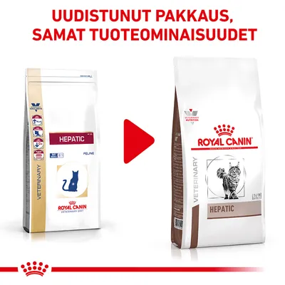 Uudistunut pakkaus, samat tuoteominaisuudet. Royal Canin Hepatic kissanruoka: vanha ja uusi pakkaus vierekkäin, molemmissa näkyy tuotteen nimi ja brändi.