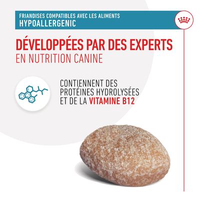 Friandises compatibles avec les aliments hypoallergenic, développées par des experts en nutrition canine, contiennent des protéines hydrolysées et de la vitamine B12.