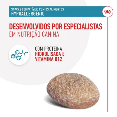 Snacks compatíveis com os alimentos Hypoallergenic. Desenvolvidos por especialistas em nutrição canina. Com proteína hidrolisada e vitamina B12.
