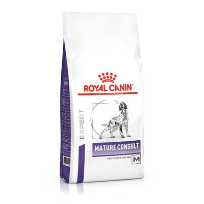 Royal Canin Expert Mature Consult Medium Dogs M -koiranruokapakkaus, etupuolella koirakuva ja tuotteen nimi näkyvissä.