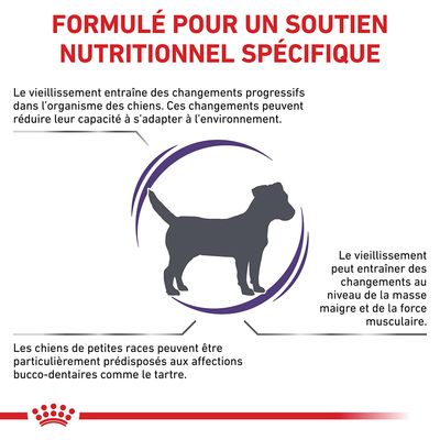Formulé pour un soutien nutritionnel spécifique. Vieillissement : changements progressifs, masse maigre et force musculaire réduites, prédisposition aux affections bucco-dentaires chez petits chiens.