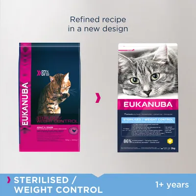 To poser Eukanuba kattefoder, tekst: STERILISED / WEIGHT CONTROL, 1+ years. Venstre pose: 87 % animalsk protein. Højre pose: 86 % animal protein. Ny emballage vises.