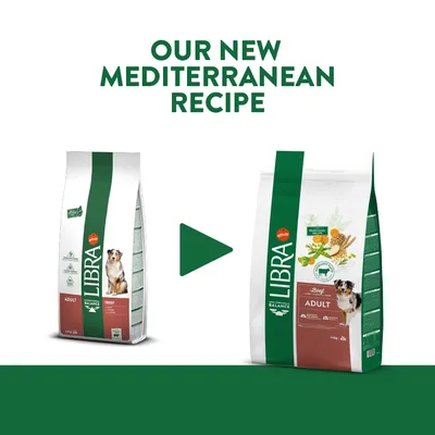 LIBRA Adult Beef dog food packaging change, old and new bags shown side by side with text 'Our New Mediterranean Recipe' above. Both bags display LIBRA brand and adult beef variety. LIBRA Adult Beef dog food packaging change, old and new bags shown side by side with text 'Our New Mediterranean Recipe' above. Both bags display LIBRA brand and adult beef variety.