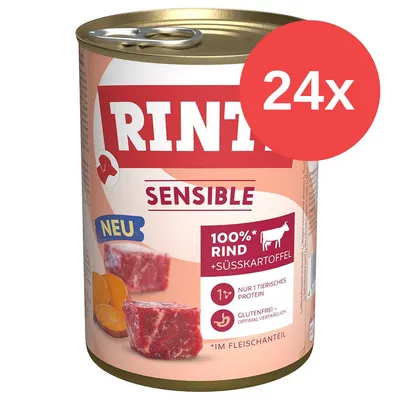 Rinti Sensible, 24x, 100% Rind + Süßkartoffel, nur 1 tierisches protein, glutenfrei, NEU. Widoczne kawałki mięsa i batatów na etykiecie puszki.