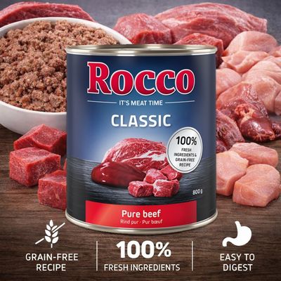 Rocco Classic Rind mit Ente, 800g Dose. 100% frische Zutaten und getreidefreie Rezeptur.