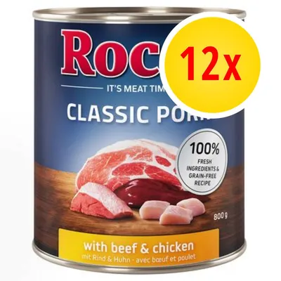Rocco Classic Pork, 12x800g, con manzo e pollo. Testo visibile: 100% fresh ingredients & grain-free recipe, with beef & chicken. Etichetta gialla con scritta rossa '12x'. Rocco Classic Pork, 12x800g, con manzo e pollo. Testo visibile: 100% fresh ingredients & grain-free recipe, with beef & chicken. Etichetta gialla con scritta rossa '12x'.