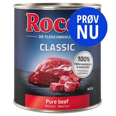 Rocco Classic Pure beef, 800 g. Tekst: 100% fresh ingredients & grain-free, frische Zutaten & getreidefrei. Prøv nu.