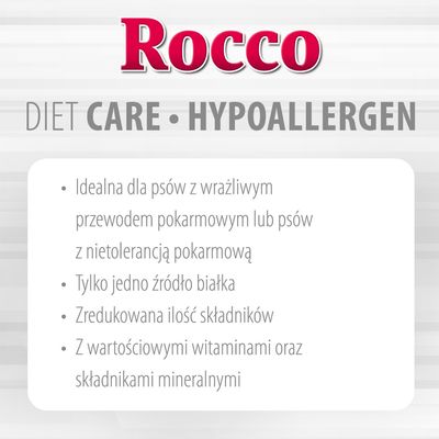 Rocco DIET CARE HYPOALLERGEN. Idealna dla psów z wrażliwym przewodem pokarmowym lub nietolerancją pokarmową, jedno źródło białka, zredukowana ilość składników, witaminy i minerały.