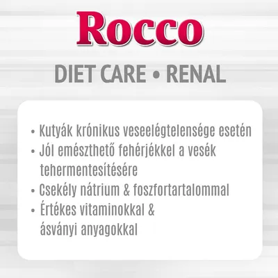 Rocco DIET CARE RENAL. Kutyák krónikus veseelégtelensége esetén, jól emészthető fehérjékkel, csekély nátrium- és foszfortartalommal, értékes vitaminokkal és ásványi anyagokkal.