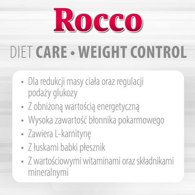 Rocco DIET CARE WEIGHT CONTROL. Dla redukcji masy ciała, regulacji glukozy, obniżona wartość energetyczna, błonnik, L-karnityna, łuski babki płesznik, witaminy i składniki mineralne.
