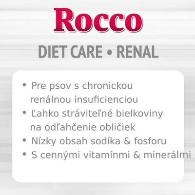 Rocco DIET CARE RENAL: pre psov s chronickou renálnou insuficienciou, ľahko stráviteľné bielkoviny, nízky obsah sodíka a fosforu, s vitamínmi a minerálmi.