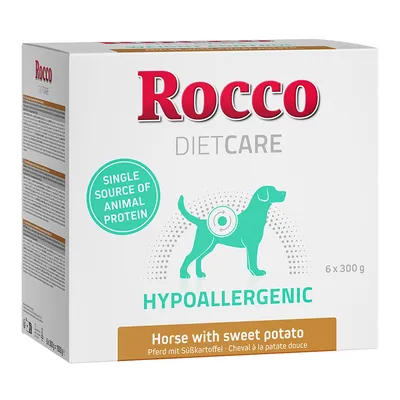 Rocco Diet Care Hypoallergenic. Yksi eläinproteiinilähde. Hevonen ja bataatti. Pakkaus 6 x 300 g.