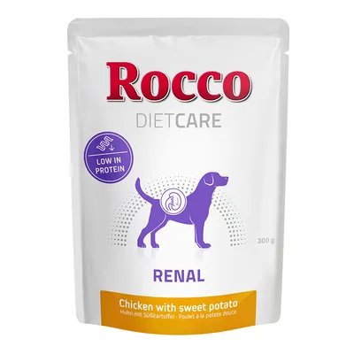 Rocco Diet Care Renal, курица с бататом, с пониженным содержанием белка, 300 г. На упаковке изображена фиолетовая собака с символом почек.