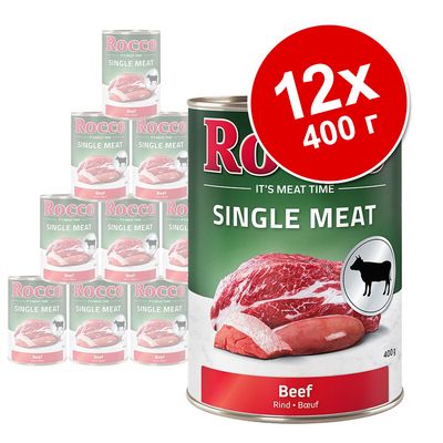 Консервы Rocco Single Meat Beef, упаковка 12×400 г. На банке изображено мясо и значок коровы. Видны надписи: SINGLE MEAT, Beef, 400 г.