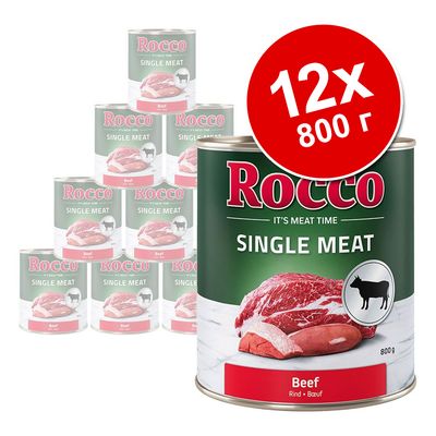 Набор из 12 консервов Rocco Single Meat Beef по 800 г. На банке изображено мясо, надписи: Rocco, SINGLE MEAT, Beef, 800 г, значок коровы.
