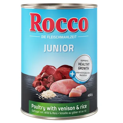 Rocco Junior, fjerkræ med vildt og ris, understøtter sund vækst, med calcium, 400g dåse.