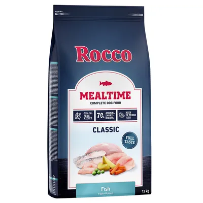 Rocco Mealtime Classic, 12kg. Graanvrij recept, 70% dierlijke ingrediënten, rijk aan verse vis. Afgebeeld: visfilets, groenten. Volledig hondenvoer met smaak Fish.