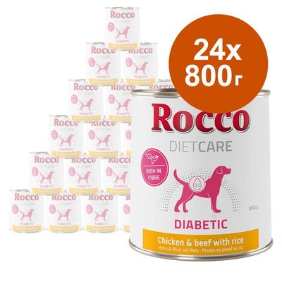 Rocco DietCare Diabetic, 24×800 г консерви за кучета, пилешко и говеждо с ориз. Надпис: High in fibre. Видимо лого и информация за продукта на опаковката.