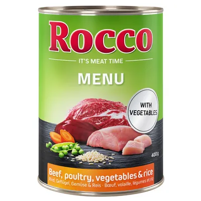 Rocco Menu lata, 400g. Vacuno, ave, verduras y arroz. Con verduras. It's Meat Time.