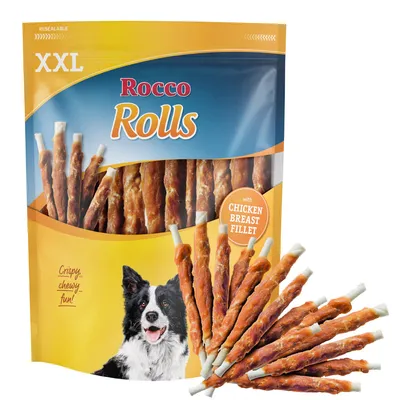 Rocco Rolls XXL с пилешко филе. Опаковката показва куче и лакомства. Текст: "Crispy, chewy, fun!".