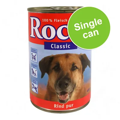 Rocco Classic 100% Fleisch, Rind pur, single can, 400g. Visible German text: Gesunde Verdauung, Glänzendes Fell, Kraft & Energie. Image of a dog on the label.