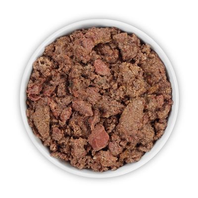 Rocco Single Meat naudanliha, 400 g tölkki. Kuvassa raakaa naudanlihaa ja lehmän symboli.