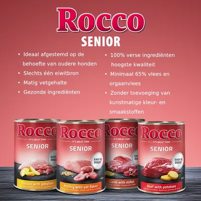 Rocco Senior natvoer voor honden, varianten: kip met aardappel, gevogelte met havervlokken, lam met gierst, rund met aardappel. Claims: één eiwitbron, 65% vlees, geen kunstmatige toevoegingen.