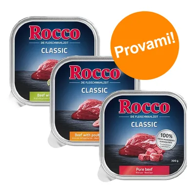 Tre confezioni Rocco Classic: Beef with poultry, Pure beef, Beef with green tripe. Testo visibile: 100% fresh ingredients & grain-free, 300 g. Bollino arancione con scritta Provami!